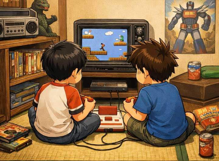 ファミコンを14型ブラウン管テレビの前で肩を並べプレイする少年の画。昭和感がすごい